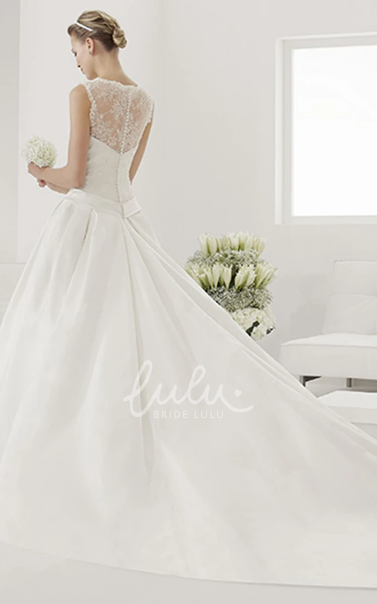 Sleeveless Taffeta Wedding Dress with Illusion Lace Neck and Belt