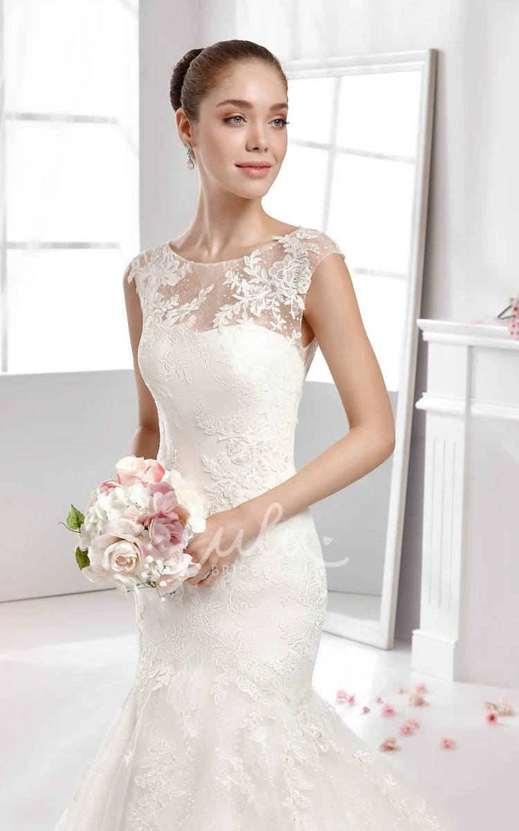 Mermaid Lace-Applique Wedding Dress with Jewel-Neck and Pleated Train