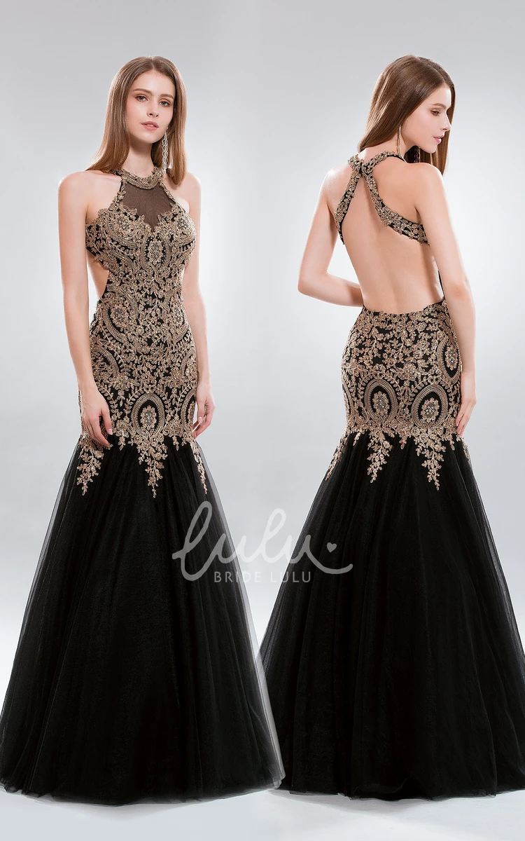 Backless Mermaid Tulle Prom Dress with Appliques