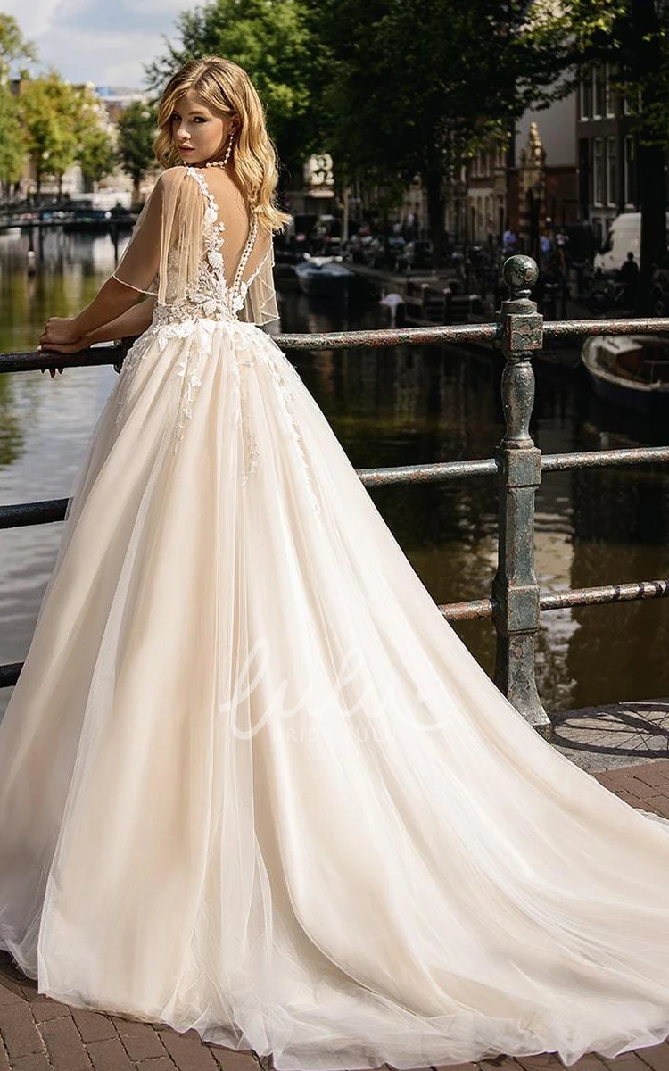 Beautiful Lace Tulle Ball Gown Wedding Dress with V-Neckline and Court Train