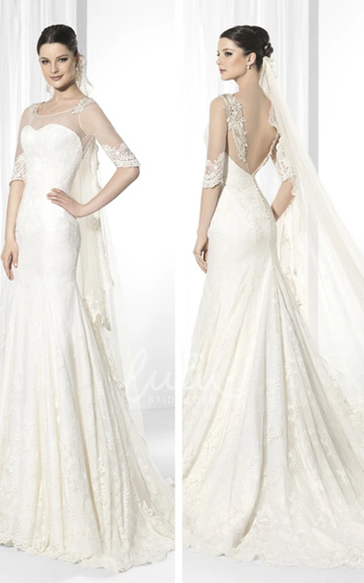 Appliqued Lace Half-Sleeve Wedding Dress with Deep-V Back Classic Bridal Gown