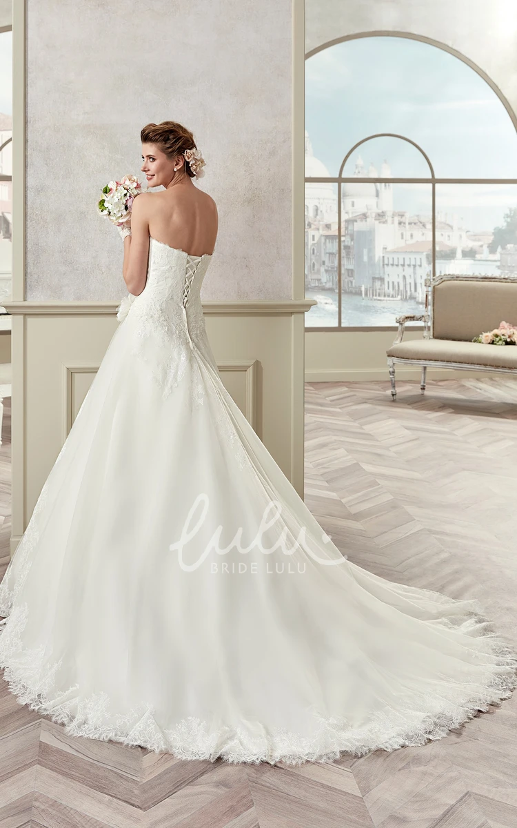 Ruched A-Line Wedding Dress with Floral Waist and Lace-Up Back