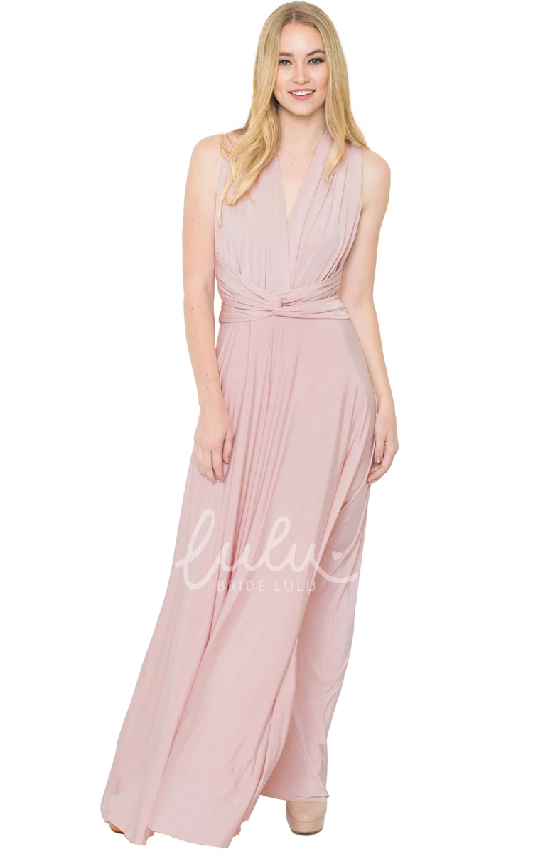 V-Neck Ruched Chiffon Bridesmaid Dress Floor-Length Sleeveless Convertible Multi-Color