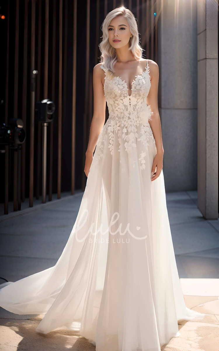 Ethereal Sexy V-neck A-Line Spaghetti Lace Tulle Wedding Dress Romantic Elegant Garden Sleeveless Appliques Floor-length Zipper Deep-V Back Bridal Dress with Train