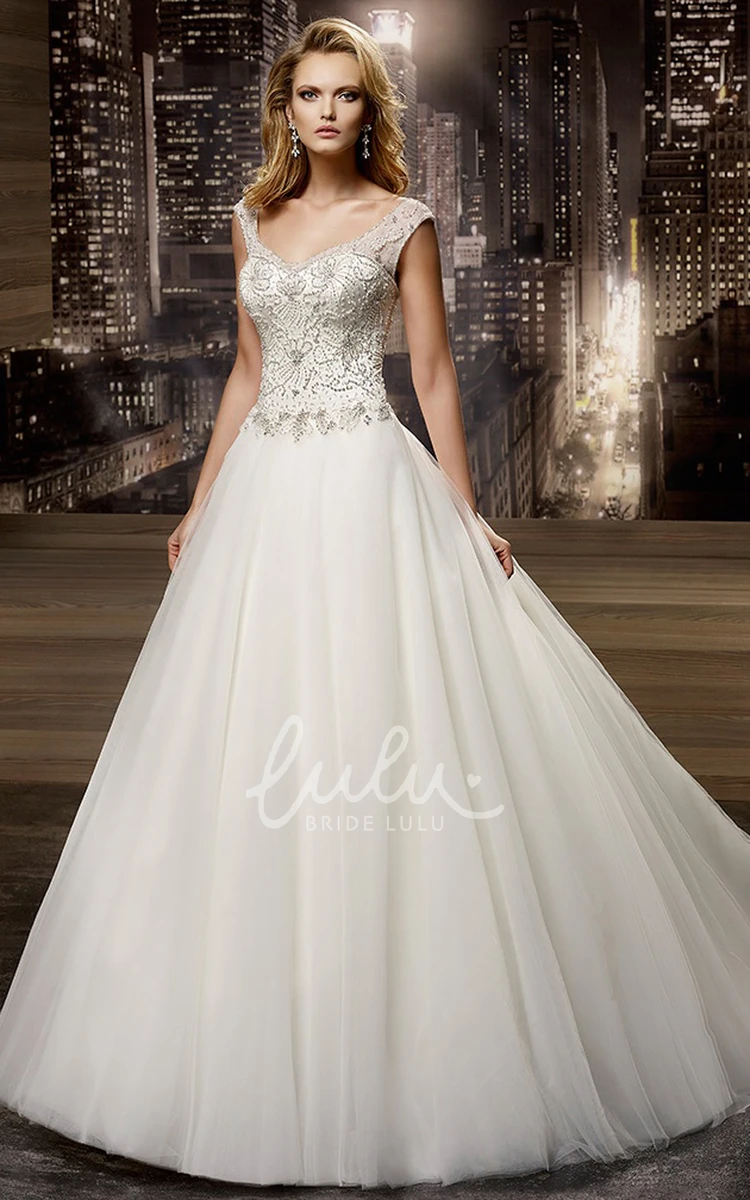 Beaded Cap Sleeve A-Line Wedding Dress with Brush Train