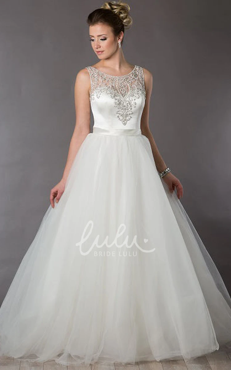 Bridal Ball Gown with Satin Top Tulle Skirt and Crystals Scoop Neck