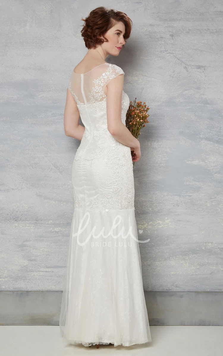 Scoop-Neck Lace Cap-Sleeve Wedding Dress with Illusion Romantic Bridal Gown