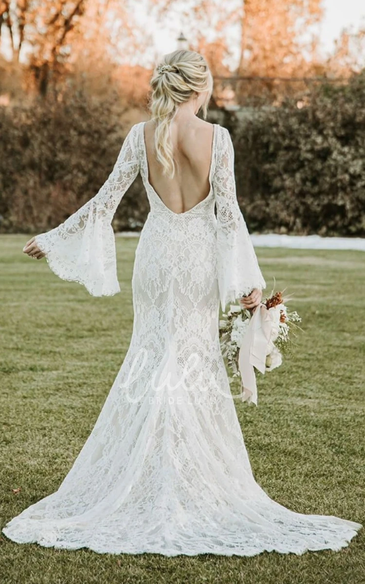 Modest Plus Size V-neck Wedding Dress Open Back with Petal Lace Long Sleeve