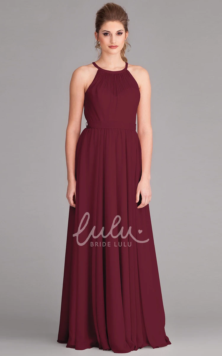 Sleeveless Scoop Neck Chiffon Bridesmaid Dress With Pleats and Bow