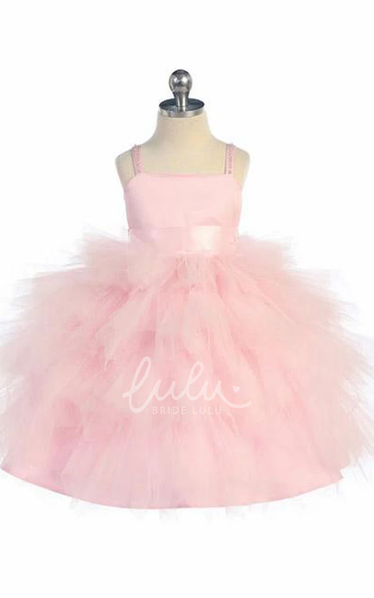 Beaded Tulle and Satin Flower Girl Dress with Spaghetti Straps Tea-Length