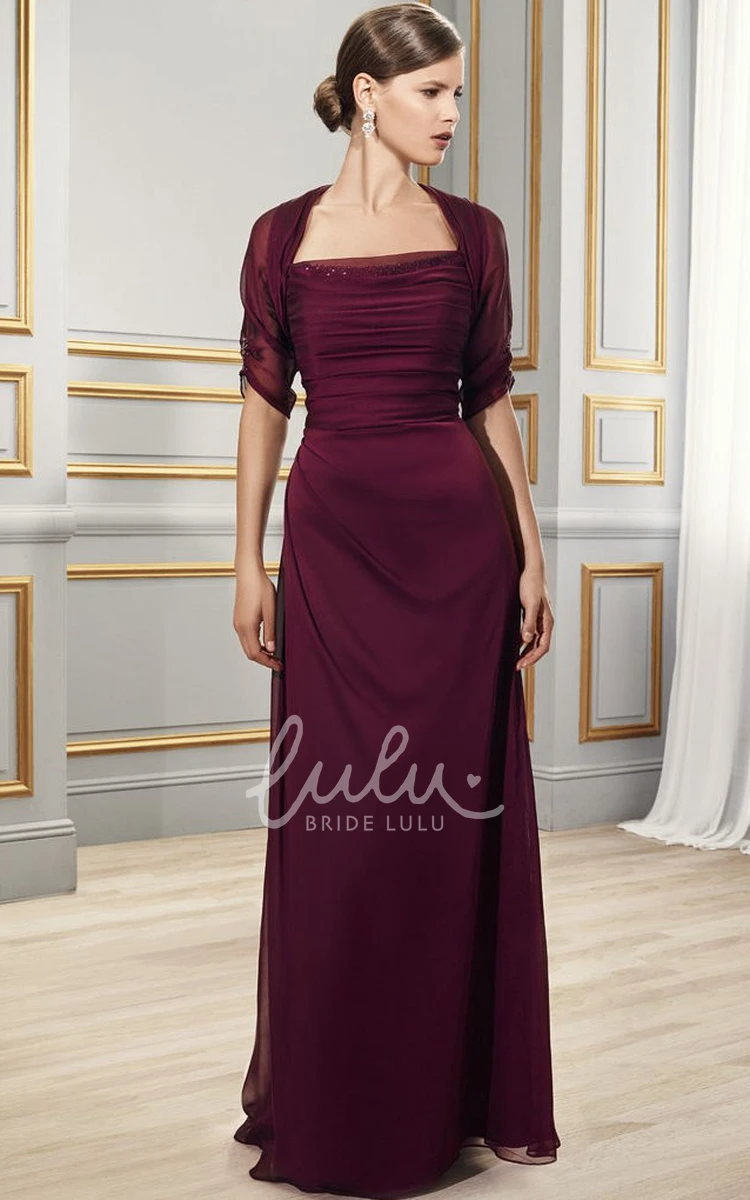 Square Neck Ruched Chiffon Prom Dress with Short Sleeves