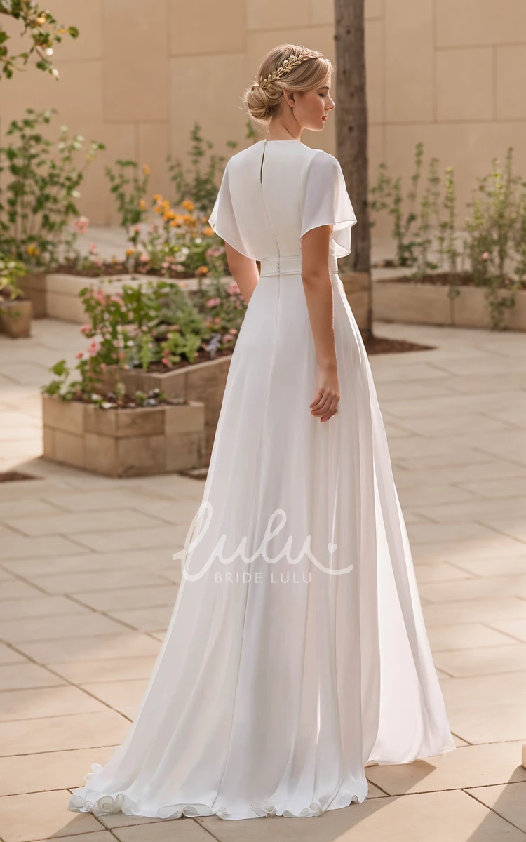 Minimalist Simple Short Bell Sleeve V-Neck Jumpsuit Sheath Wedding Dress Classic Flowy Floor Length Maxi Sweep Train Reception Bridal Gown