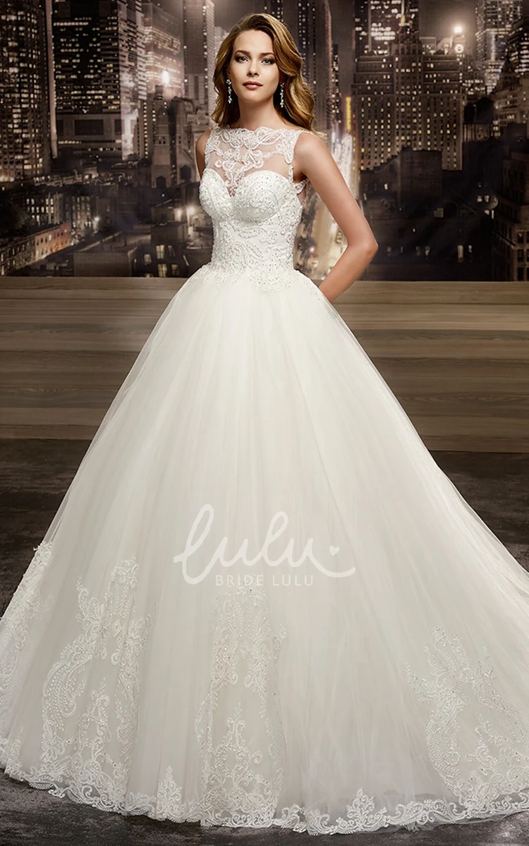 Jewel-Neck Lace Corset A-Line Wedding Dress with Cap Sleeves and Brush Train