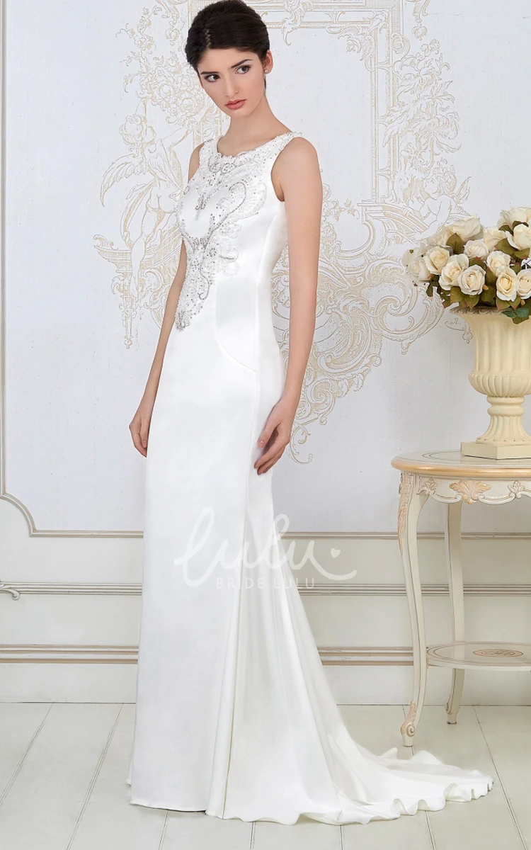 Beaded Satin Sheath Wedding Dress Sleeveless Scoop-Neck Maxi