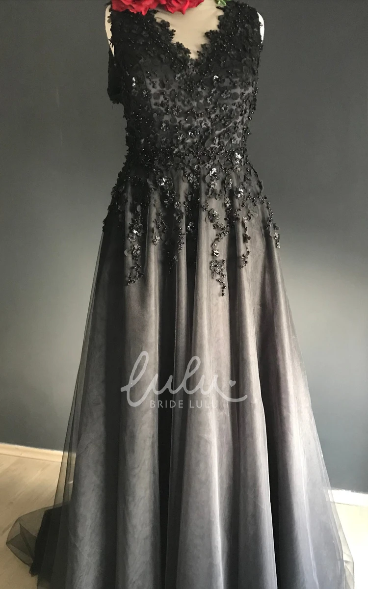 Sleeveless Floor-length V-neck Appliques Lace Sequins Black Wedding Dress