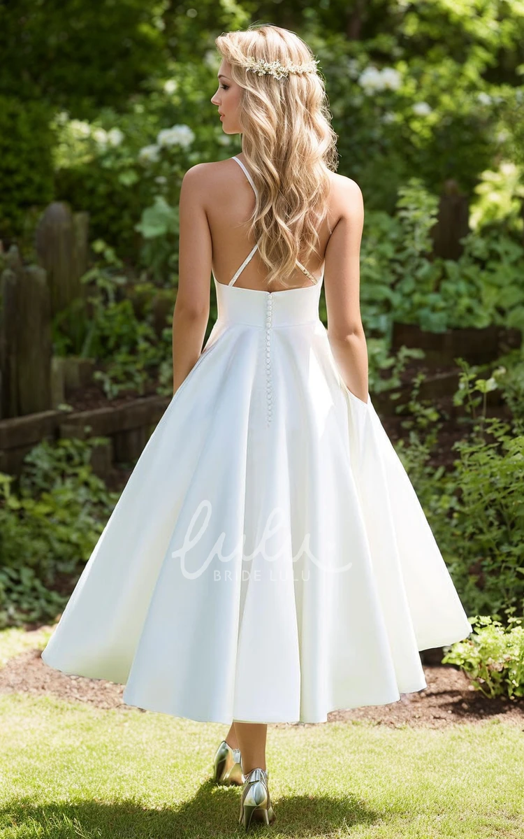 Simple Casual Tea-Length Satin A-Line Short Wedding Dress Beach Forest Whimsical Cross Button Back Rehearsal Dinner Gown