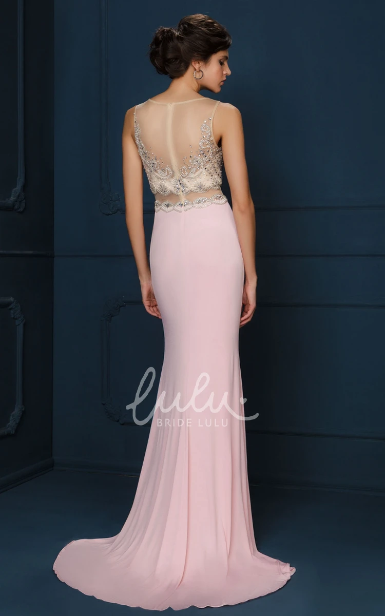 Bateau Neck Chiffon Evening Dress with Appliqued Sheath Silhouette