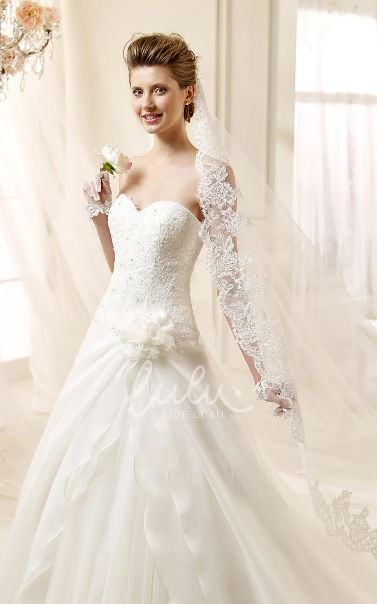 Asymmetrical Ruched A-line Wedding Dress with Brush Train Sweetheart Flower Bridal Gown