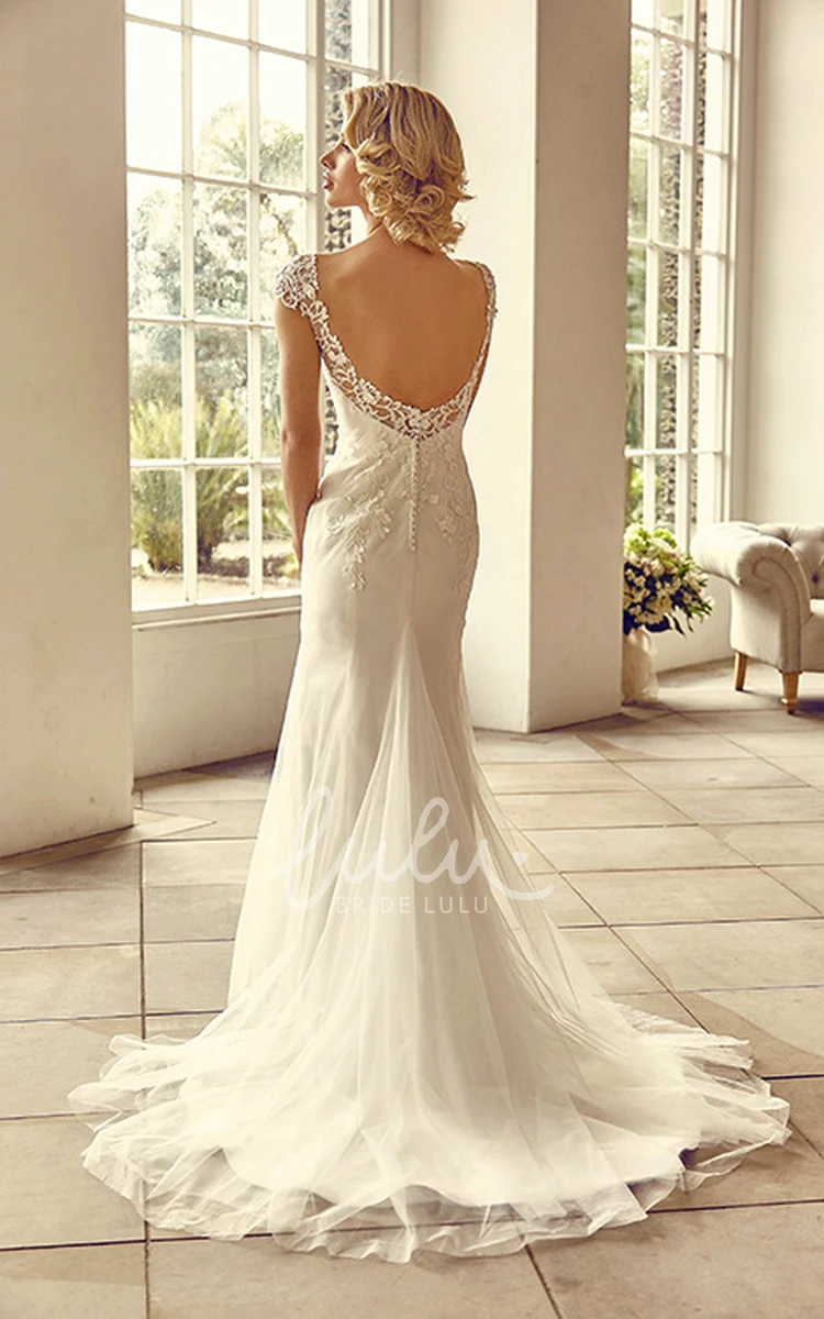 Lace&Tulle Cap-Sleeve V-Neck Wedding Dress Floor-Length