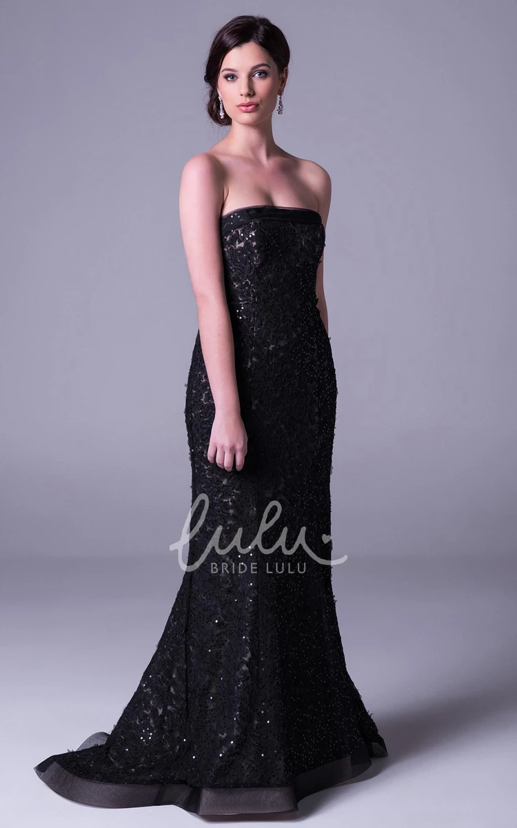 Appliqued Lace Sheath Prom Dress Floor-Length Strapless Gown with Beading