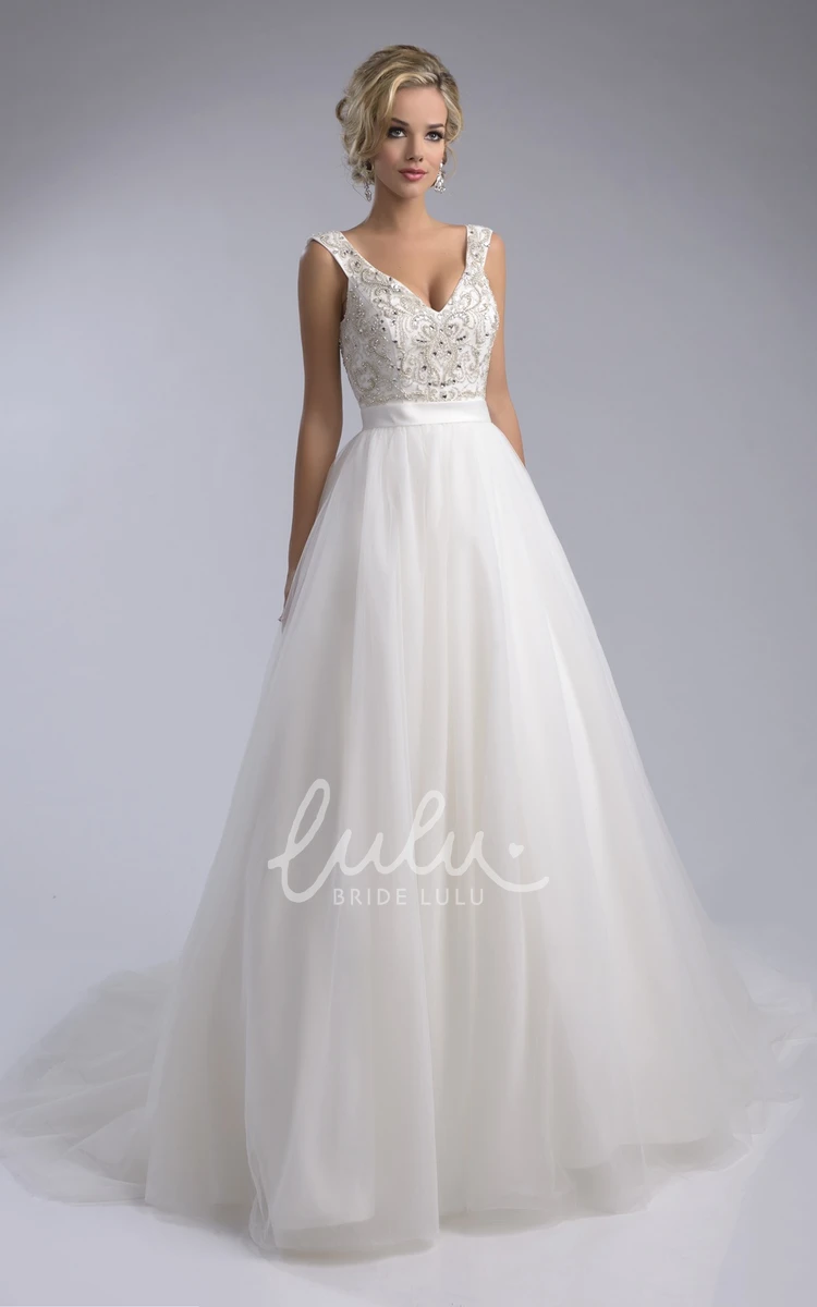 Tulle V-Neck Sleeveless Wedding Dress with Rhinestones and Pearls
