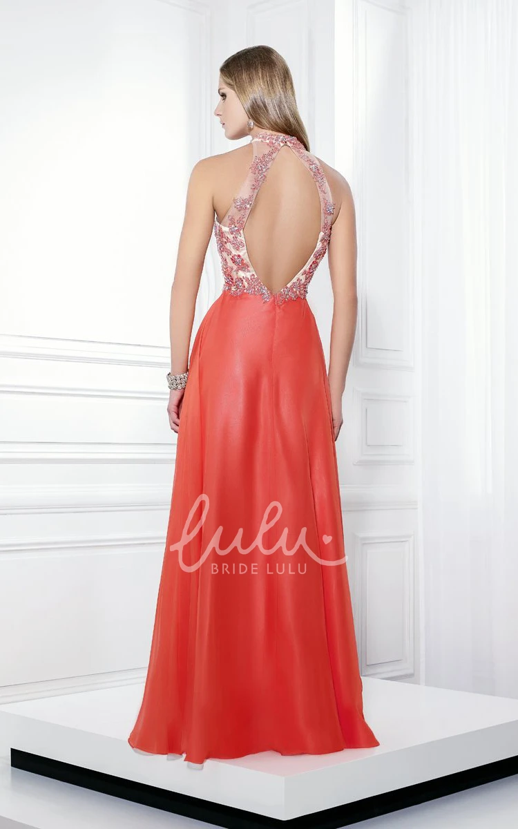 Beaded Chiffon High Neck Keyhole Prom Dress Sleeveless