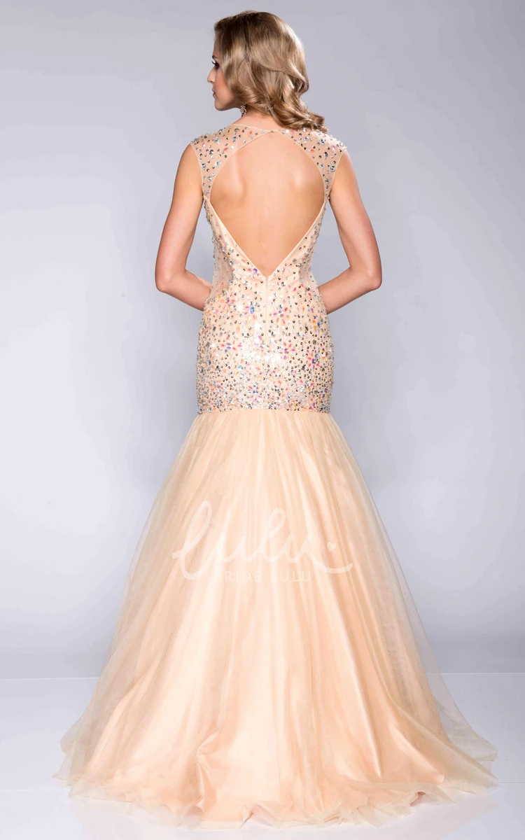 Tulle Fit and Flare Prom Dress with Sequined Bodice V-Neck Women