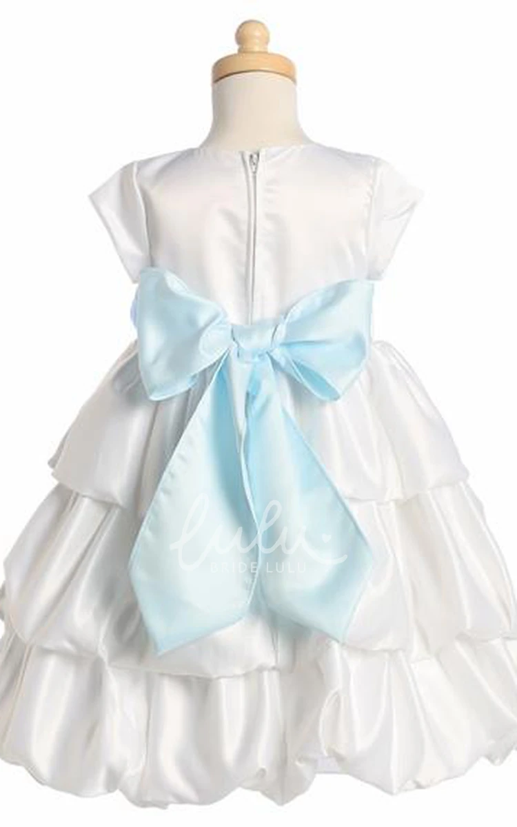 Satin Tiered Cap-Sleeve Flower Girl Dress Tea-Length