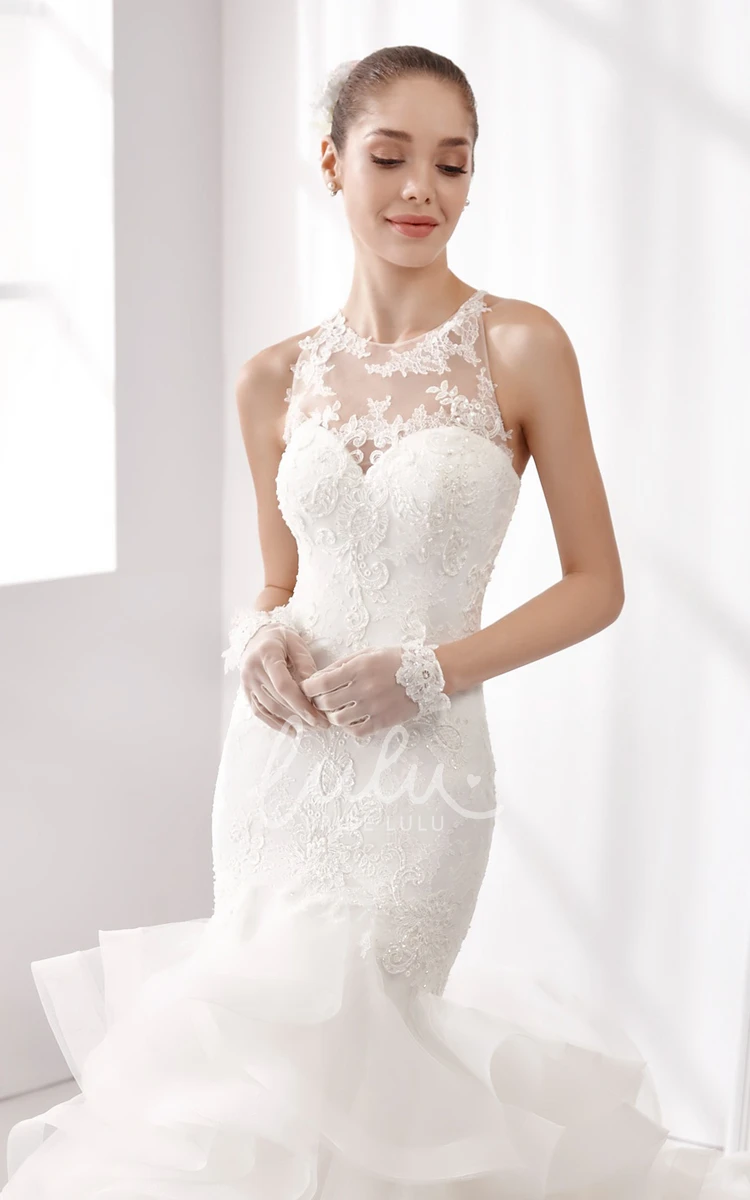 Jewel-Neck Mermaid Lace Wedding Dress with Ruching Train