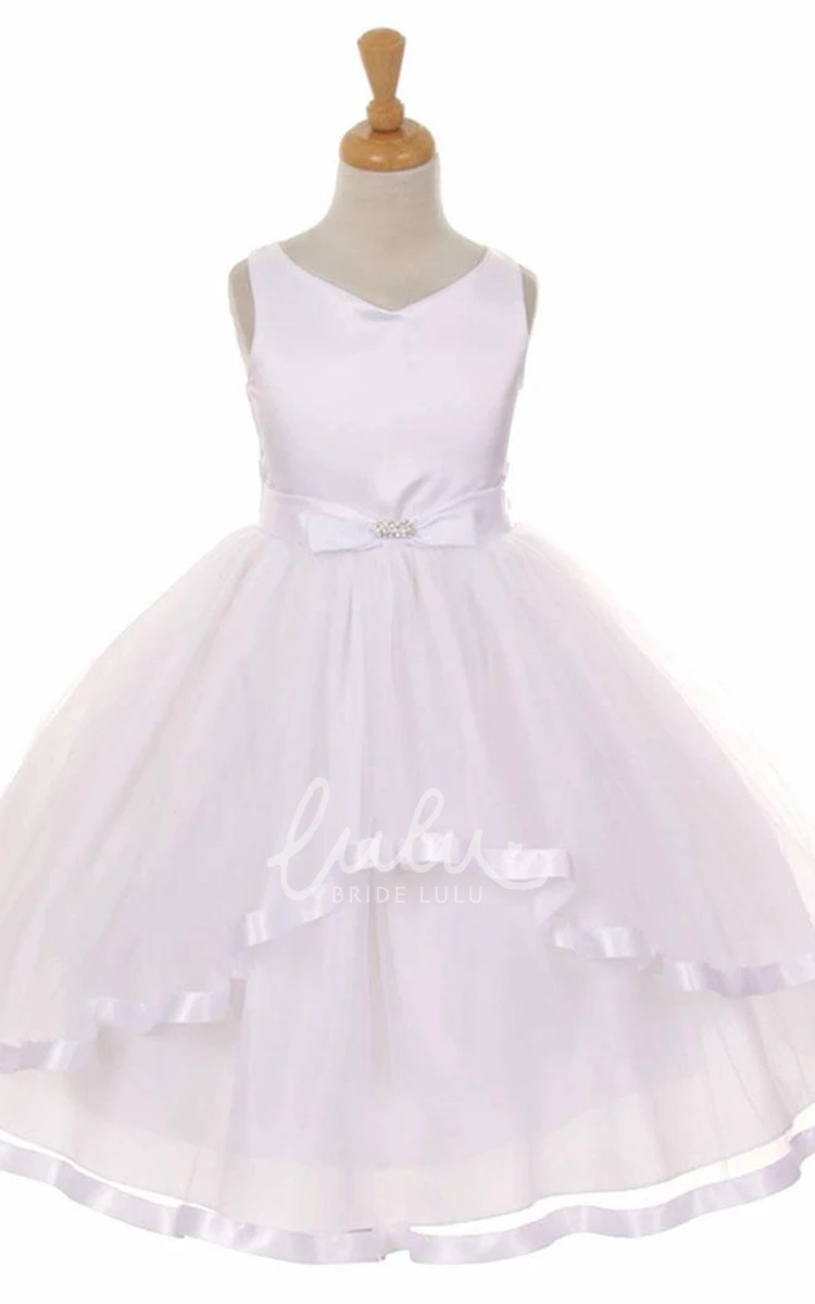 Peplum Tiered Tulle Flower Girl Dress with Ribbon Bridesmaid Dress