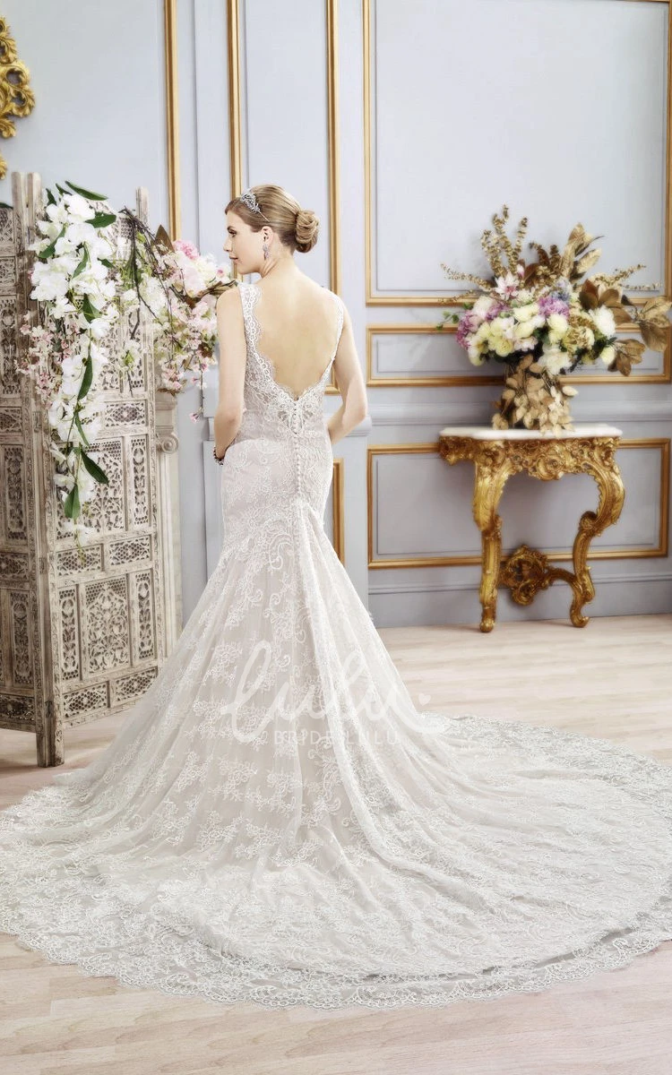 Mermaid Lace Appliqued Wedding Dress Sleeveless Deep-V Back Waist Jewellery