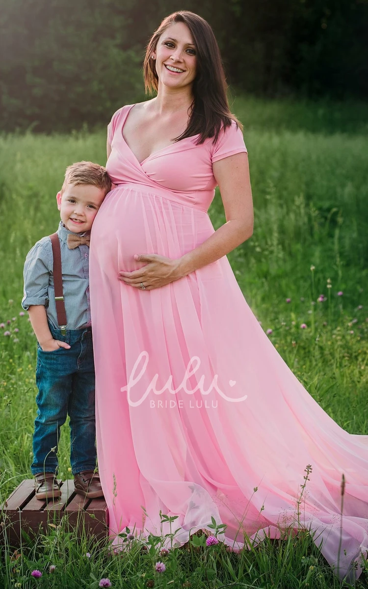 A-Line Short Sleeve Maternity Bridesmaid Dress with Court Train