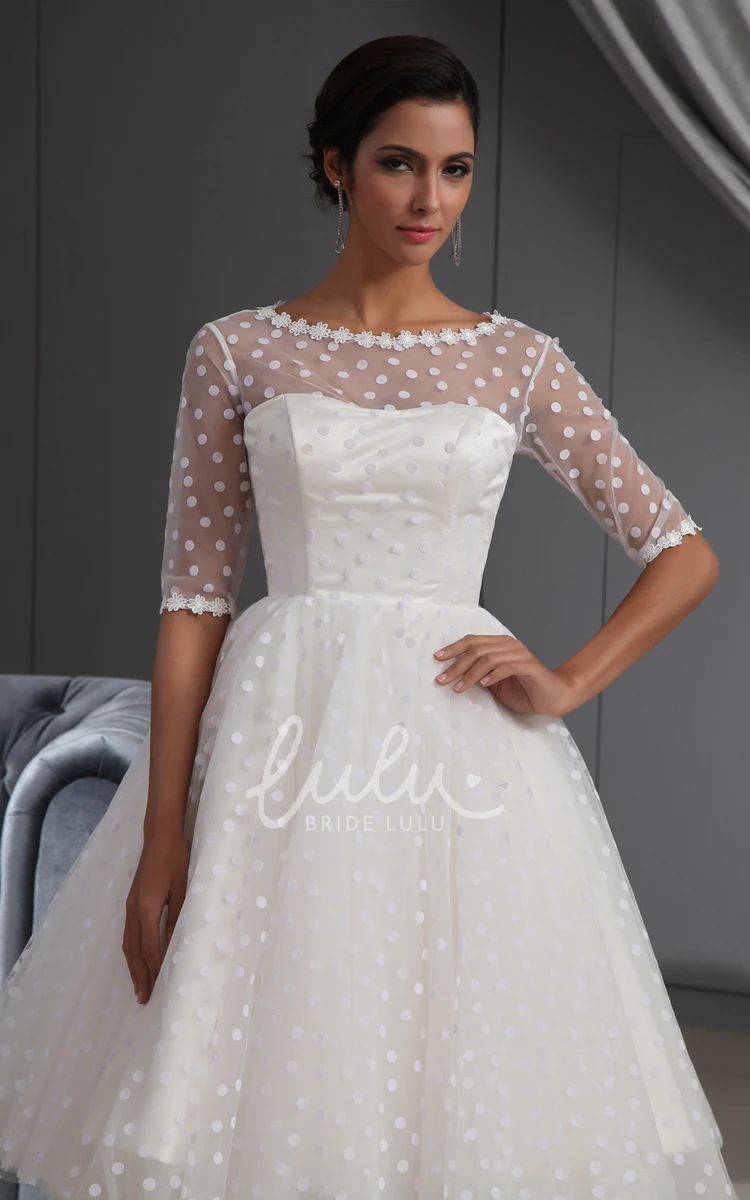 Knee-Length A-Line Wedding Dress with Half-Sleeves Dot and Lace Details
