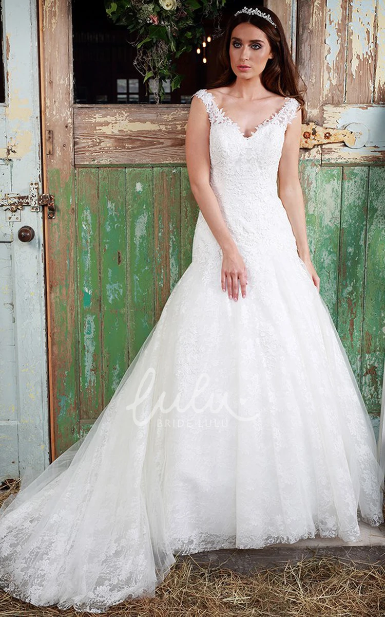 Appliqued Lace Sleeveless Wedding Dress with V-Neck and Floor-Length