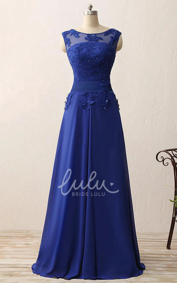 Illusion Applique Prom Dress with Cap Sleeves and A-Line Shape