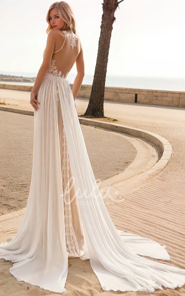 Beach Vintage Jewel Neck Bohemian Lace Sleeveless A-Line Ethereal Wedding Dress