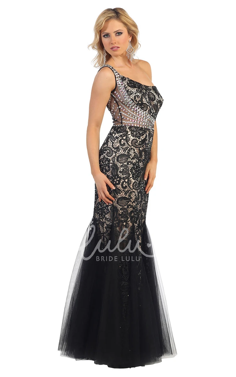 One-Shoulder Sleeveless Tulle Dress with Lace and Beading Mermaid Prom Dress