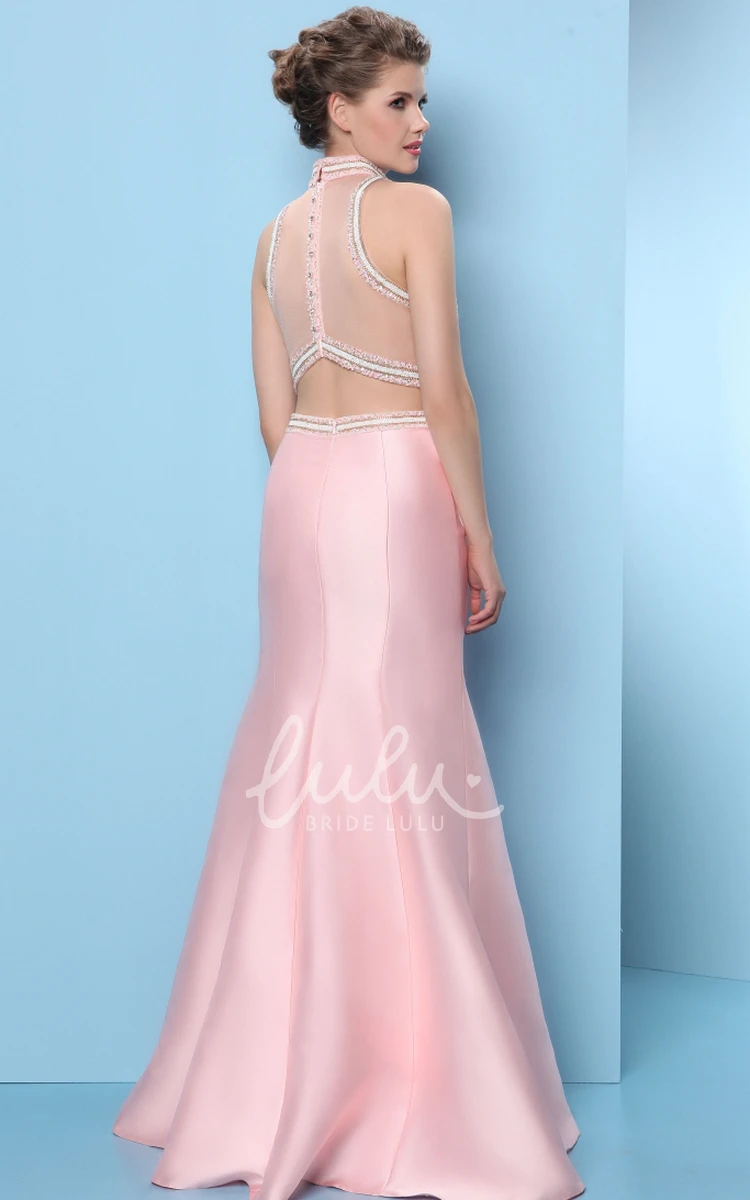 Sleeveless Trumpet Prom Dress with High-Neck and Beaded Satin