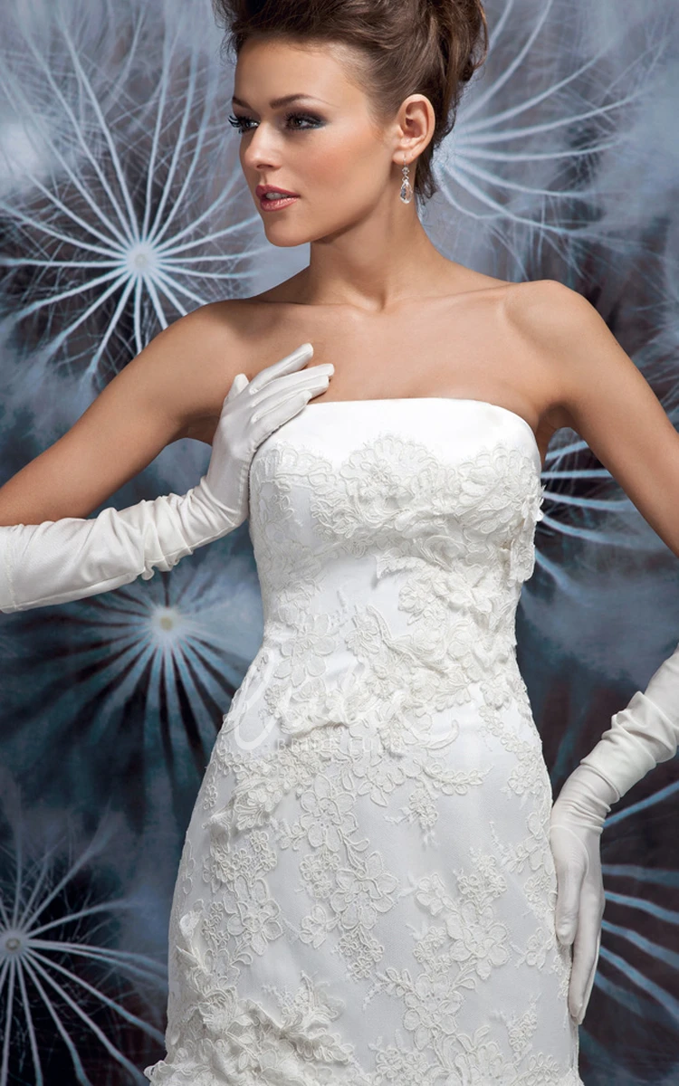 Satin&Lace Strapless A-Line Wedding Dress with Appliques and Bow Elegant Bridal Gown