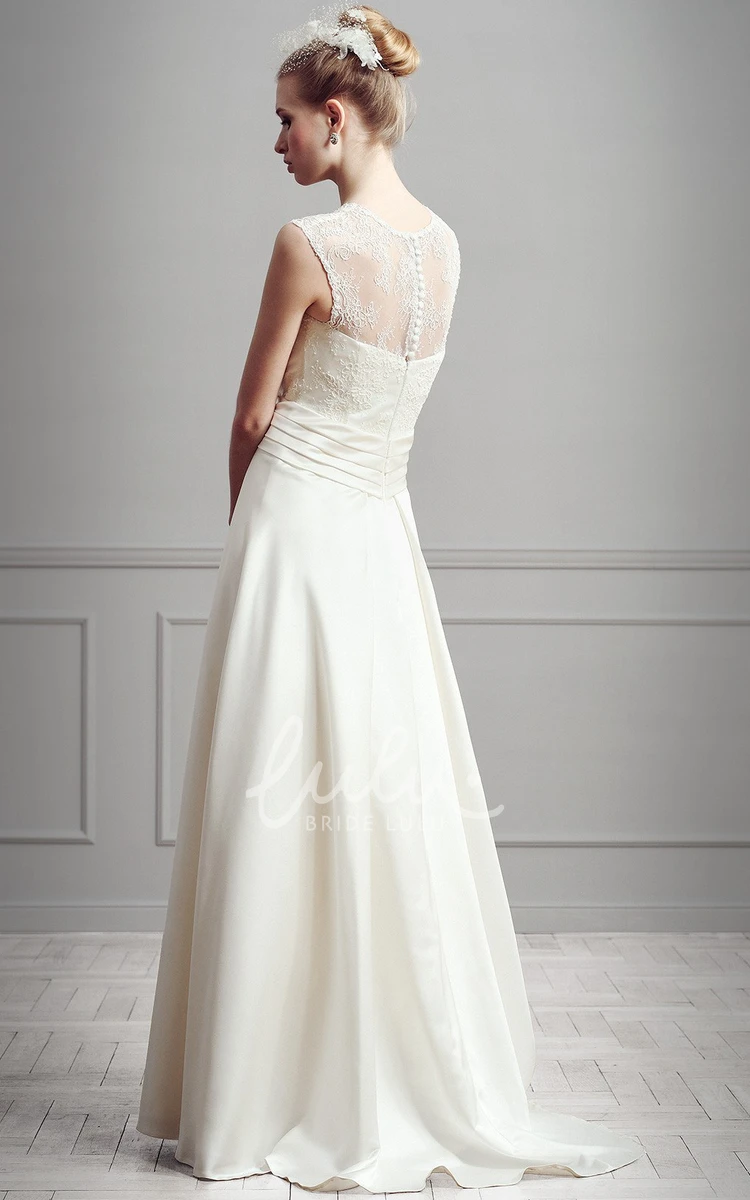 Scoop-Neck Satin Maxi Wedding Dress with Lace A-Line Sleeveless