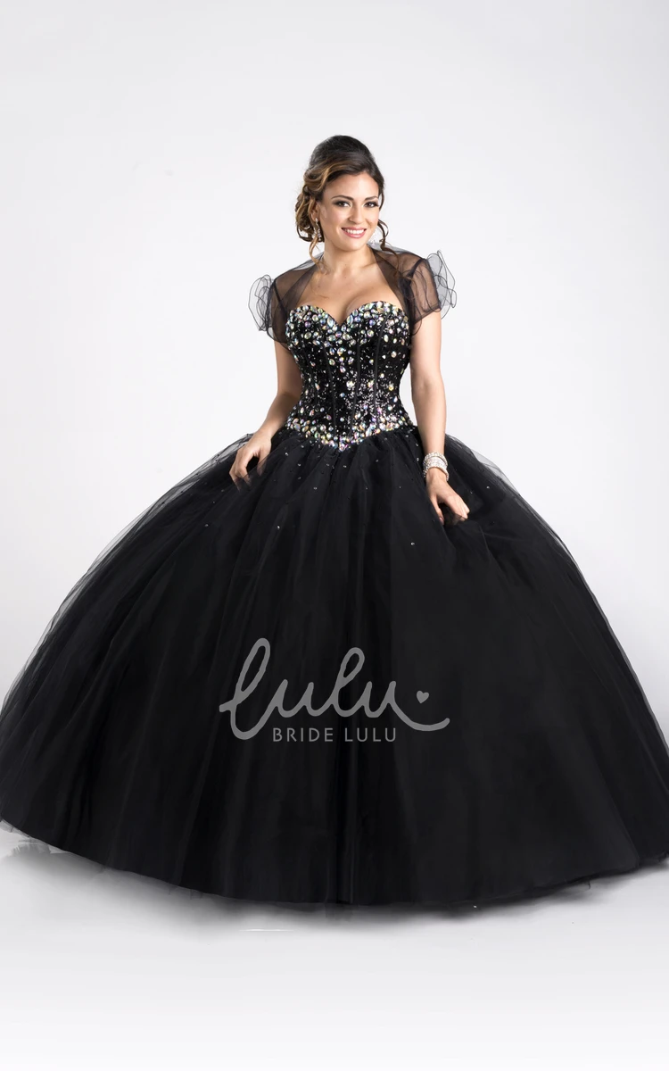 Removable Cap Crystal Bodice A-Line Formal Dress with Tulle Skirt