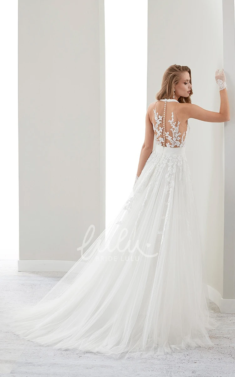 Lace Halter Wedding Dress with Illusion Back and Draping Elegant Bridal Gown