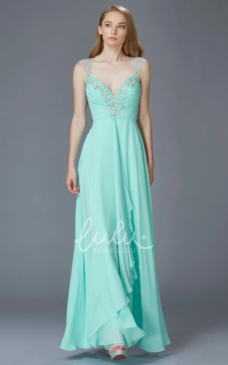 Long Chiffon Queen Anne Dress with Keyhole Beading and Draping Formal Dress