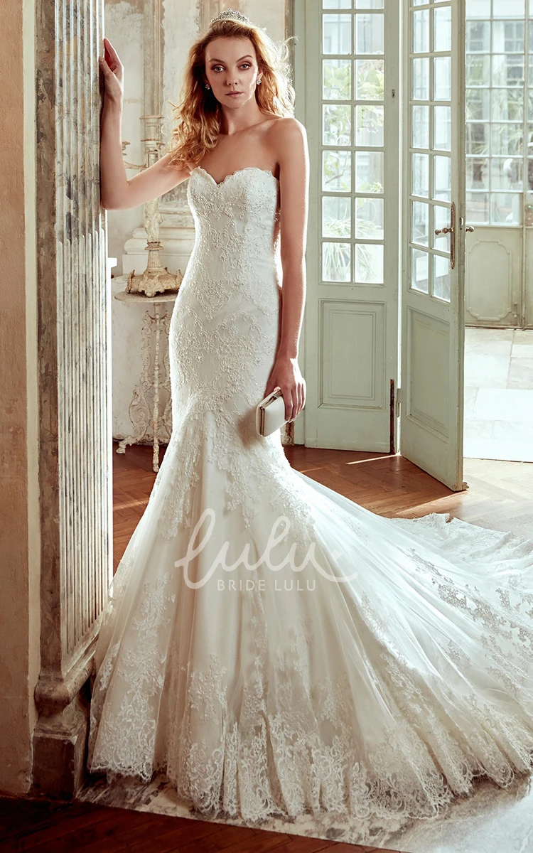 Mermaid Wedding Dress with Lace Appliques and Court Train Romantic Bridal Gown