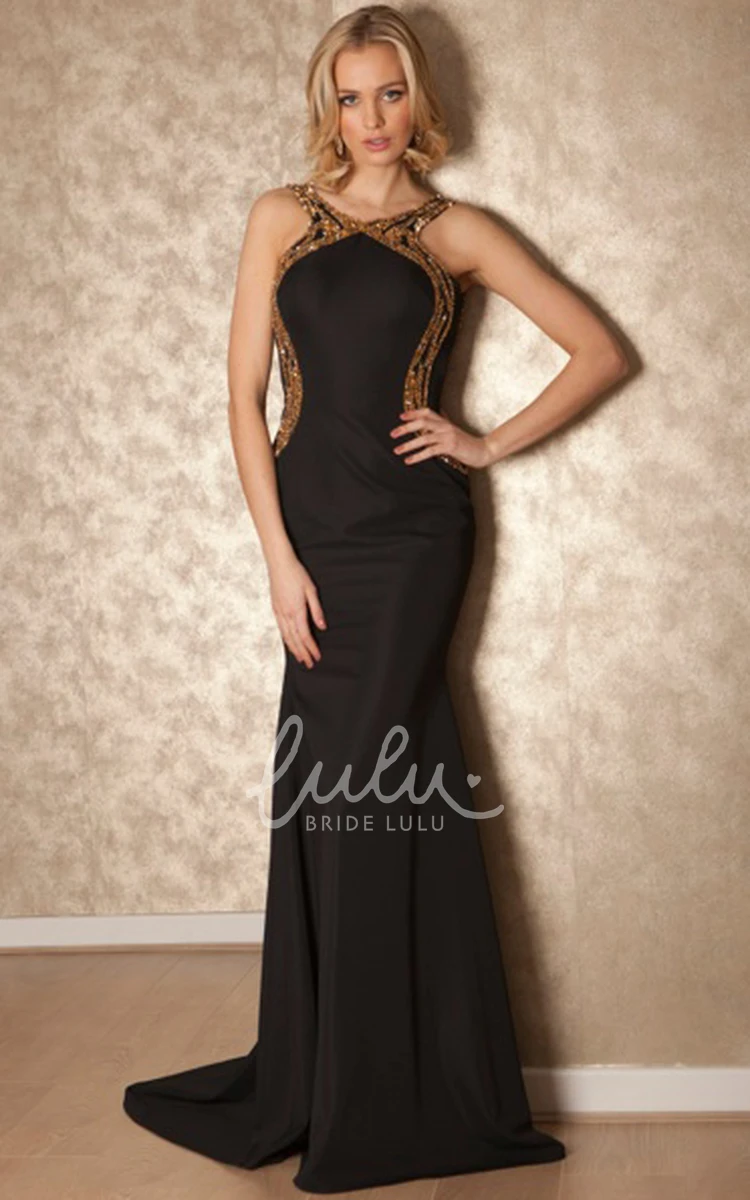 Scoop Neck Beaded Chiffon Prom Dress with Keyhole Flowy Floor-Length Dress