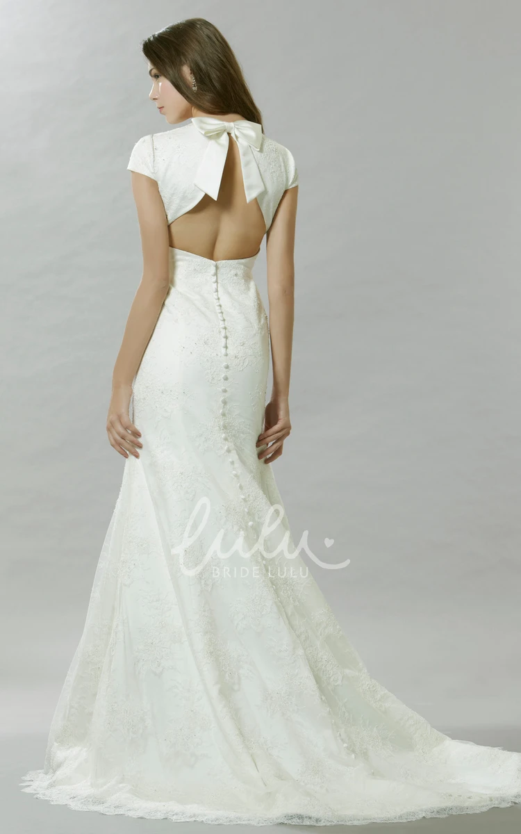 Floor-Length Lace Wedding Dress with Bowed Cap Sleeves Classic Bridal Gown