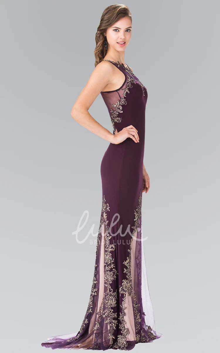 Sleeveless Scoop-Neck Jersey Prom Dress with Illusion and Appliques