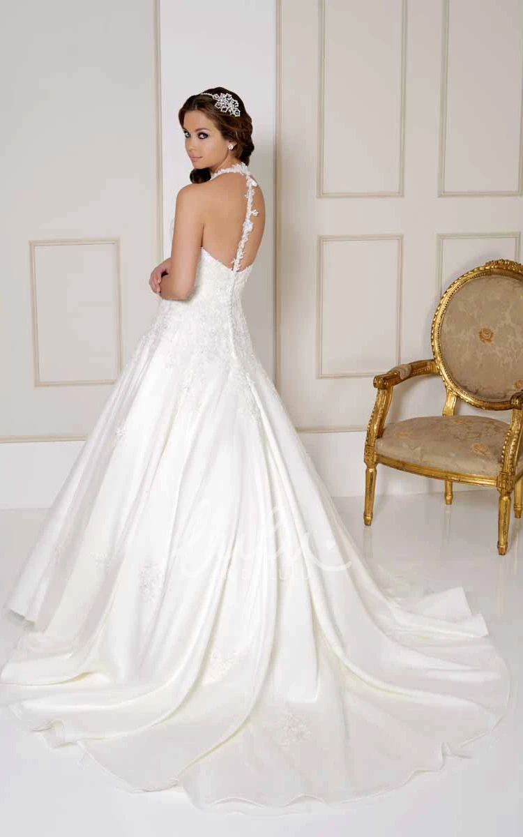 Satin Halter Wedding Dress with Appliques and Chapel Train Elegant Bridal Gown