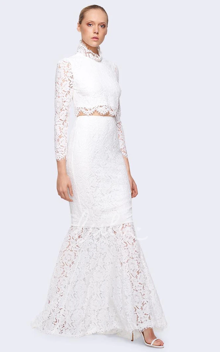 High Neck Sheath Lace Wedding Dress with Long Sleeves in Ankle-Length