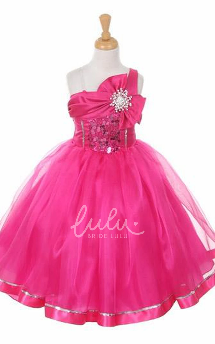 Sequin Broach Tea-Length Flower Girl Dress with Organza Sash Classy Prom Dress